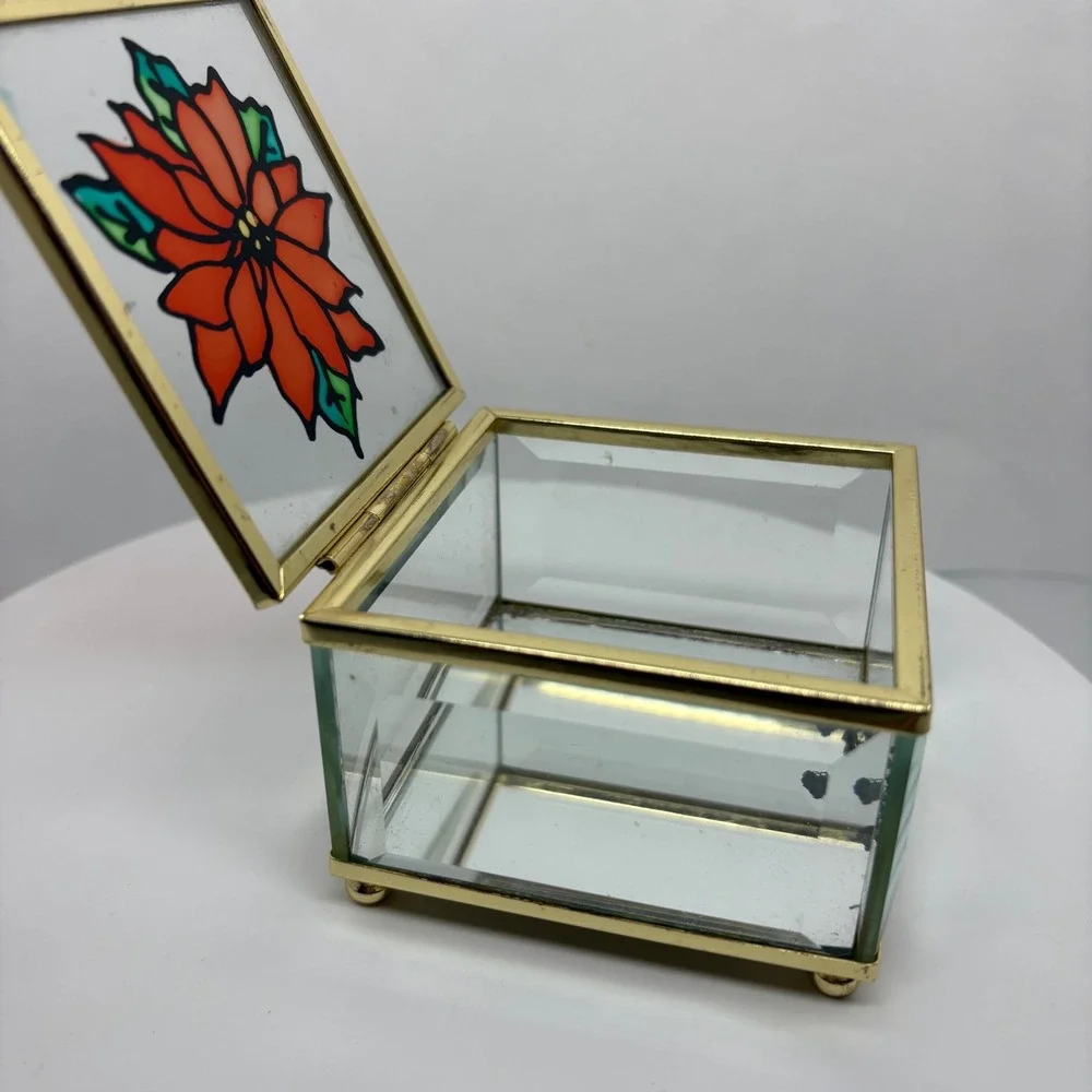 Vtg Glass Jewelry Box Poinsettia Stained Glass Hinged Keepsake Trinket Organizer